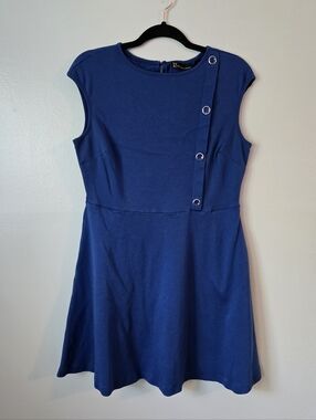 New York & Company Blue Fit & Flare Dress Silver Grommet Detail Cap Sleeve Large